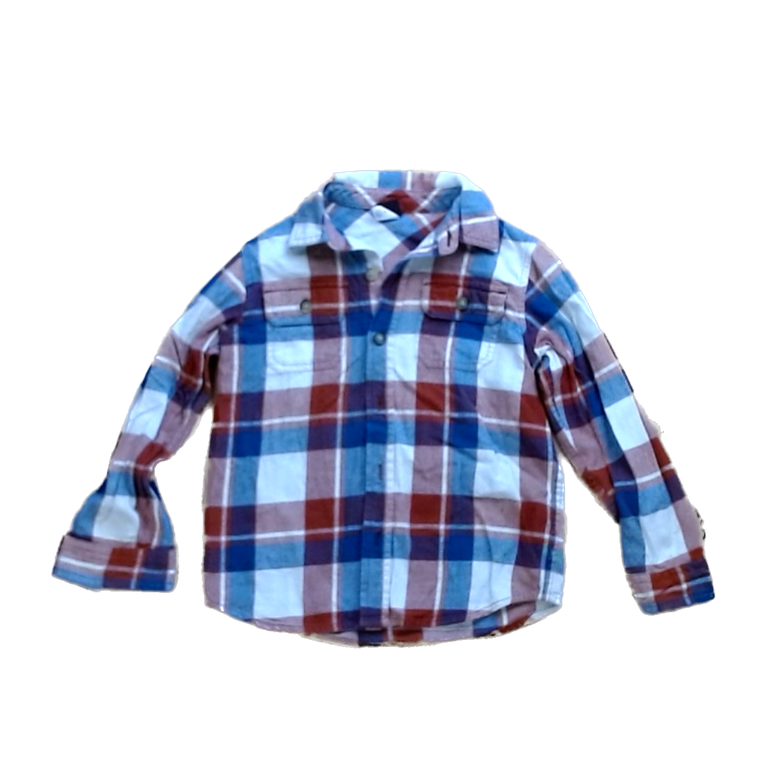Tea Collection Boys Blue White and Red Flannel Button Down Long Sleeve Size: 5T Blue White and Red Flannel
