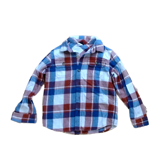 Tea Collection Boys Blue White and Red Flannel Button Down Long Sleeve Size: 5T Blue White and Red Flannel