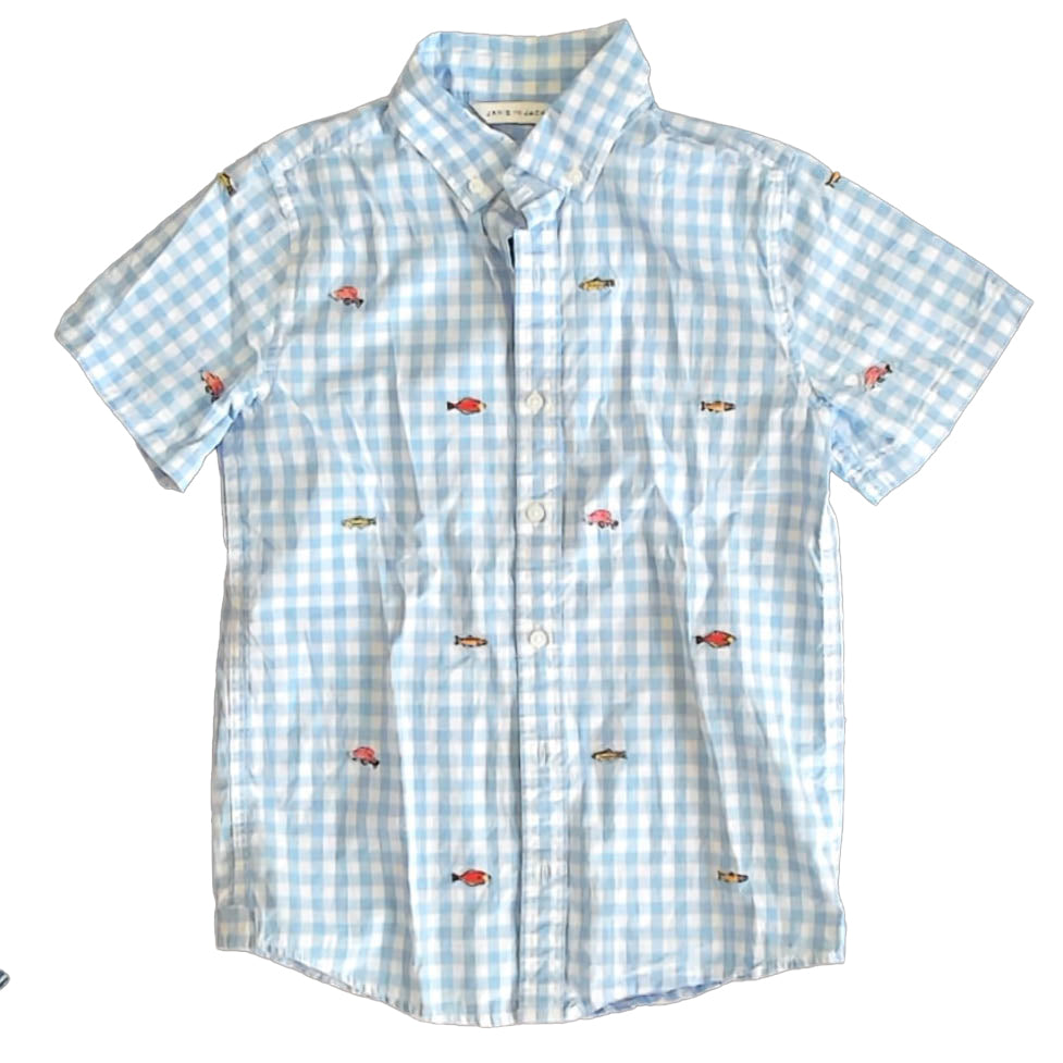 Janie and Jack Boys Blue | White Fish Button Down Short Sleeve Size: 10 Years Blue | White Fish