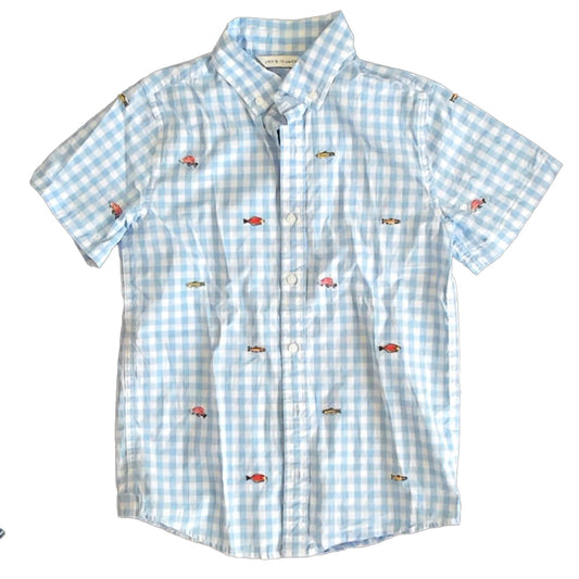 Janie and Jack Boys Blue | White Fish Button Down Short Sleeve Size: 10 Years Blue | White Fish