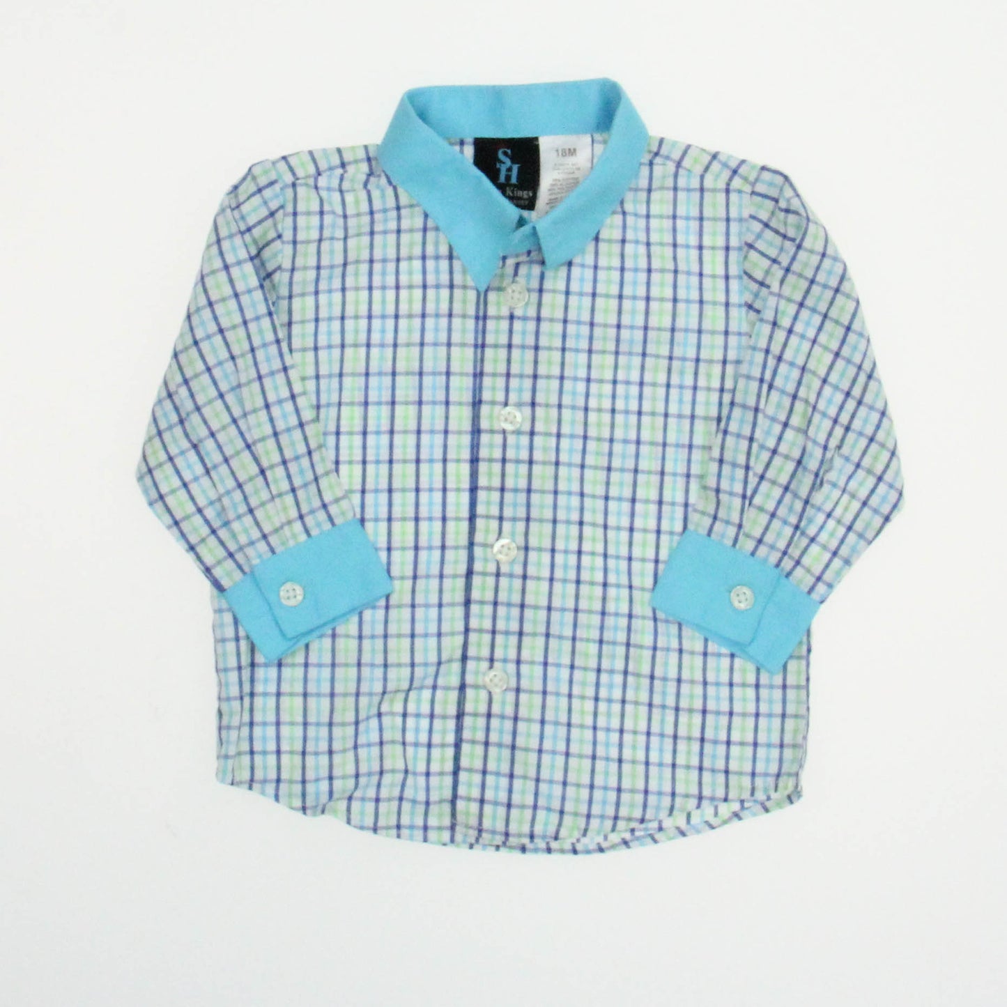 Young Kings By Steve Harvey Boys Blue | White | Green Button Down Long Sleeve Size: 18 Months Blue | White | Green