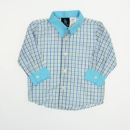 Young Kings By Steve Harvey Boys Blue | White | Green Button Down Long Sleeve Size: 18 Months Blue | White | Green
