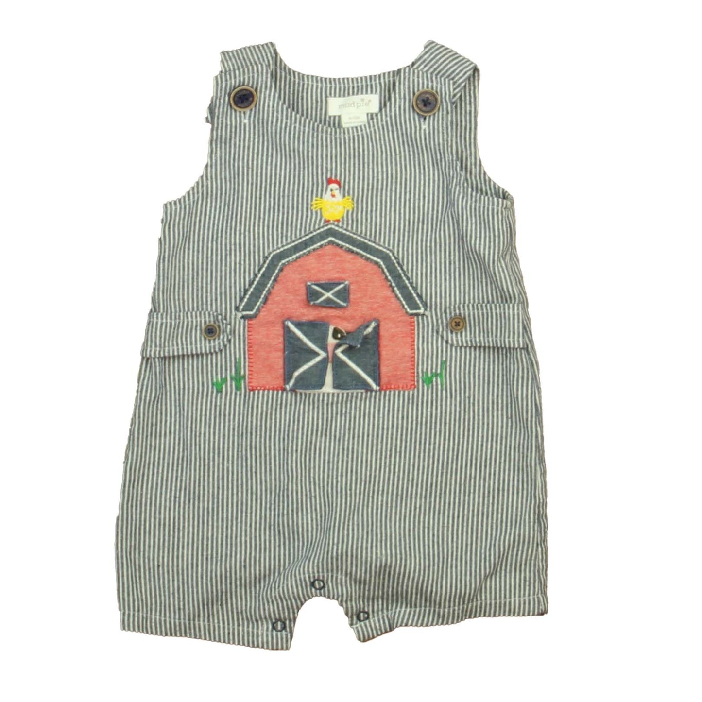 Mudpie Girls Blue | White | Red Barn Romper Size: 9-12 Months Blue | White | Red Barn