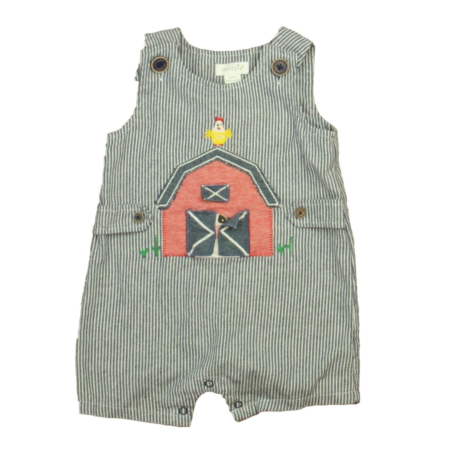 Mudpie Girls Blue | White | Red Barn Romper Size: 9-12 Months Blue | White | Red Barn