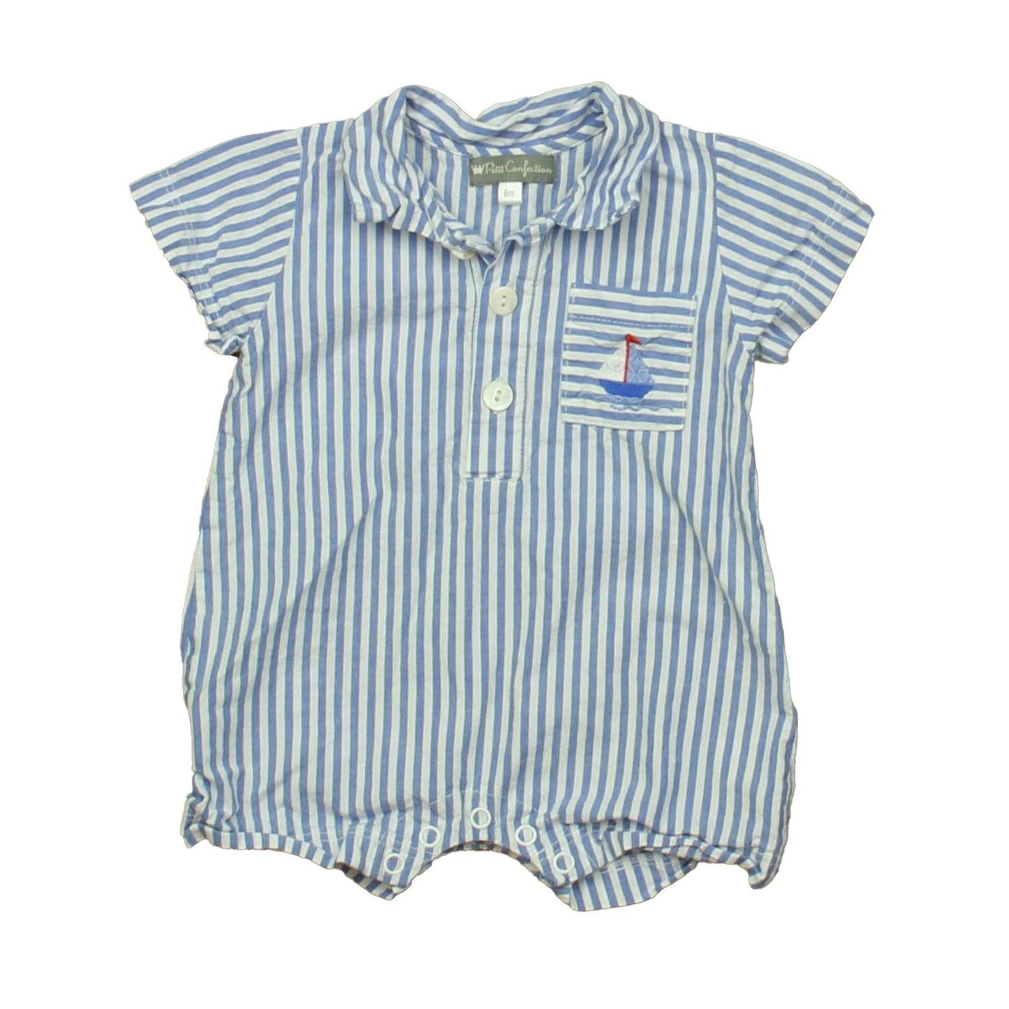 Petit Confection Boys Blue | White Sailboat Romper Size: 6 Months Blue | White Sailboat