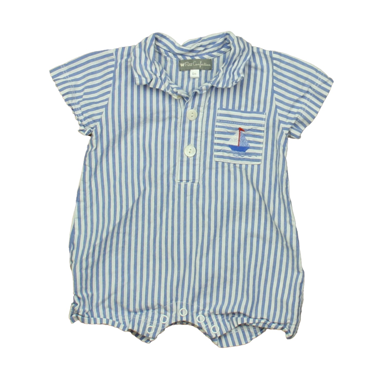 Petit Confection Boys Blue | White Sailboat Romper Size: 6 Months Blue | White Sailboat