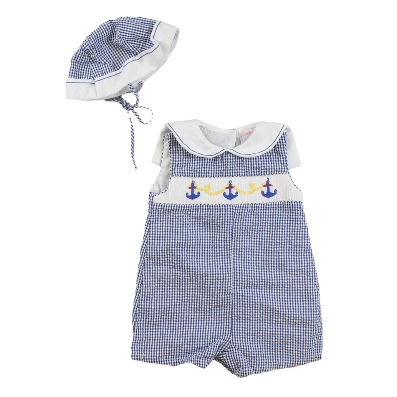 Petit Ami Boys Blue | White |Smocked Romper Size: 6 Months Blue | White |Smocked
