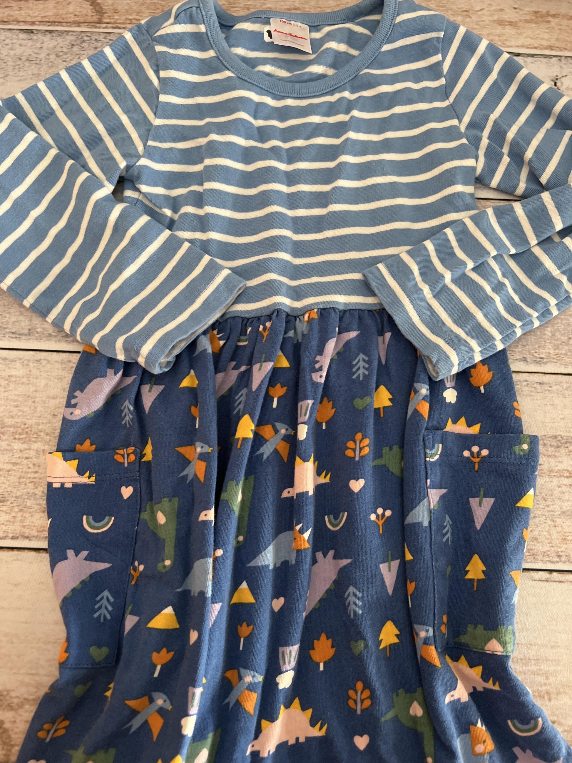 Hanna Andersson Girls Blue | White | Stripe | Dinosaur Dress Size: 4T Blue | White | Stripe | Dinosaur