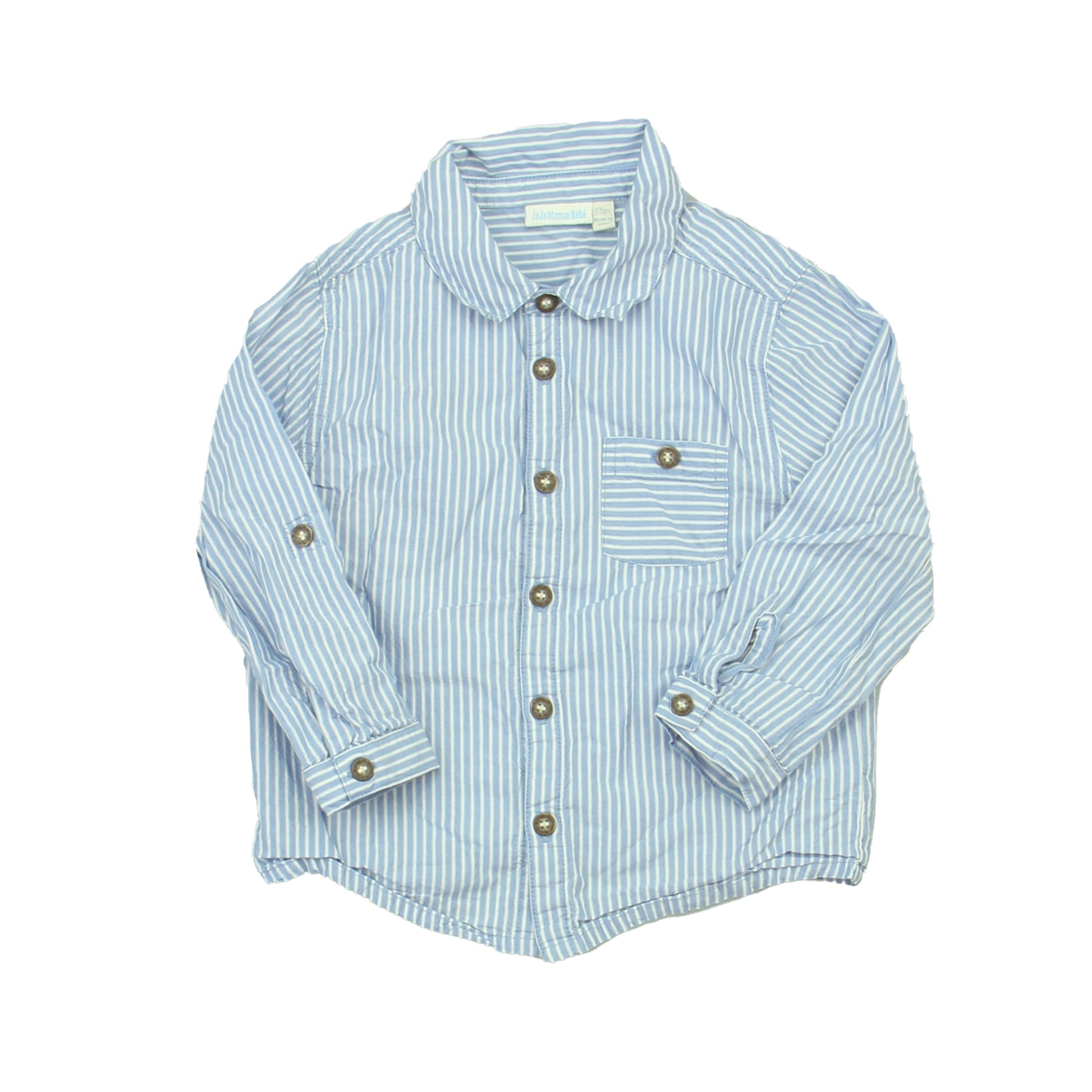 JoJo Maman Bebe Boys Blue | White Button Down Long Sleeve Size: 2-3T Blue | White