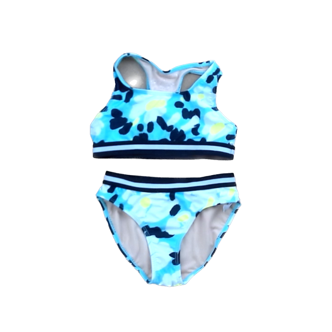 Rockets Of Awesome Girls Blue with White and yellow Flowers | Black and White Bands 2-piece Swimsuit Size: 6 Years Blue with White and yellow Flowers | Black and White Bands