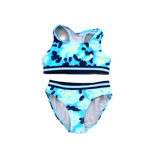 Rockets Of Awesome Girls Blue with White and yellow Flowers | Black and White Bands 2-piece Swimsuit Size: 6 Years Blue with White and yellow Flowers | Black and White Bands