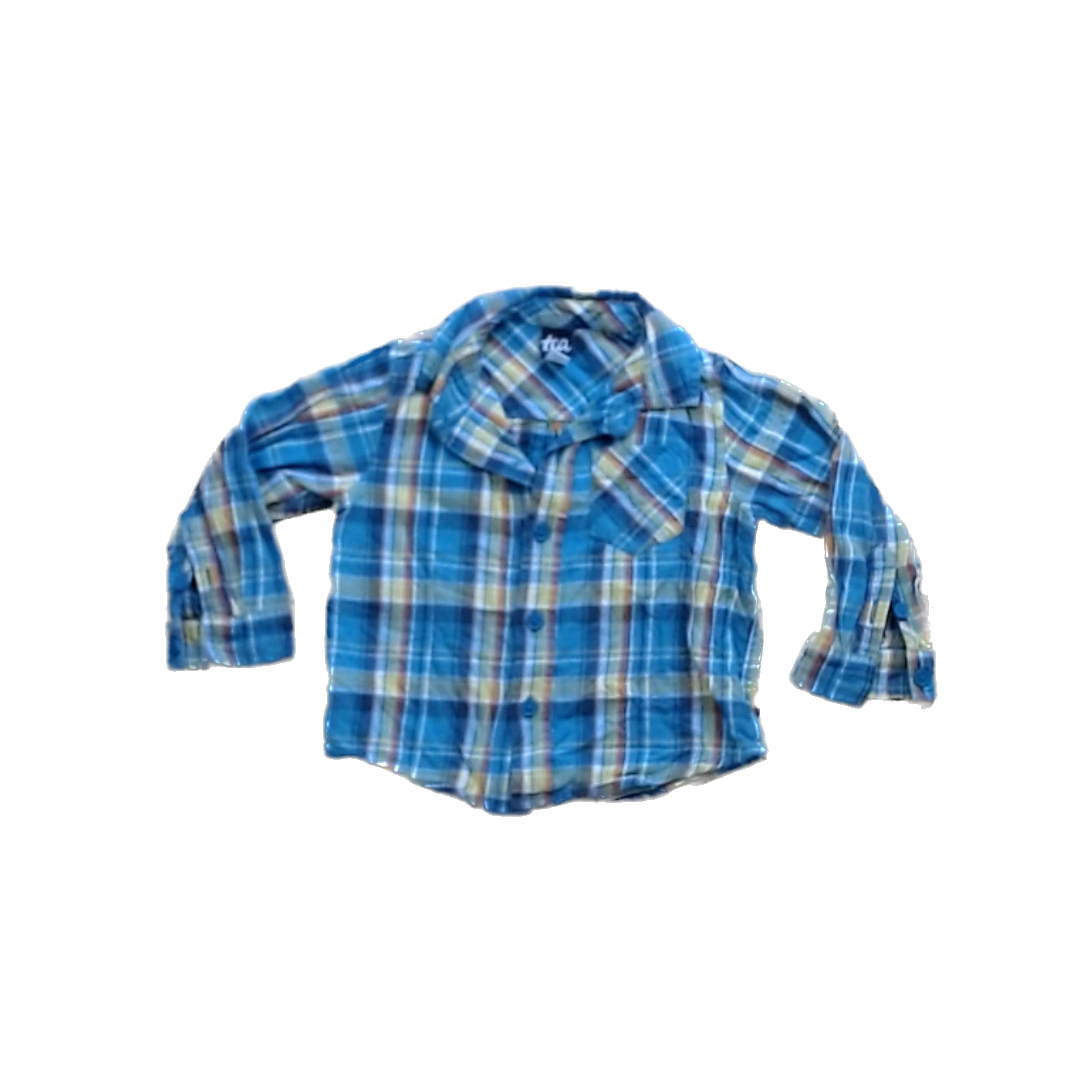 Tea Collection Boys Blue Yellow and Orange Flannel Button Down Long Sleeve Size: 2T Blue Yellow and Orange Flannel