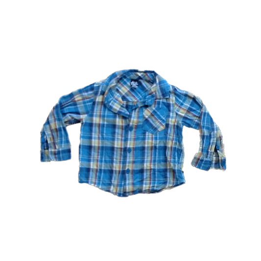 Tea Collection Boys Blue Yellow and Orange Flannel Button Down Long Sleeve Size: 2T Blue Yellow and Orange Flannel