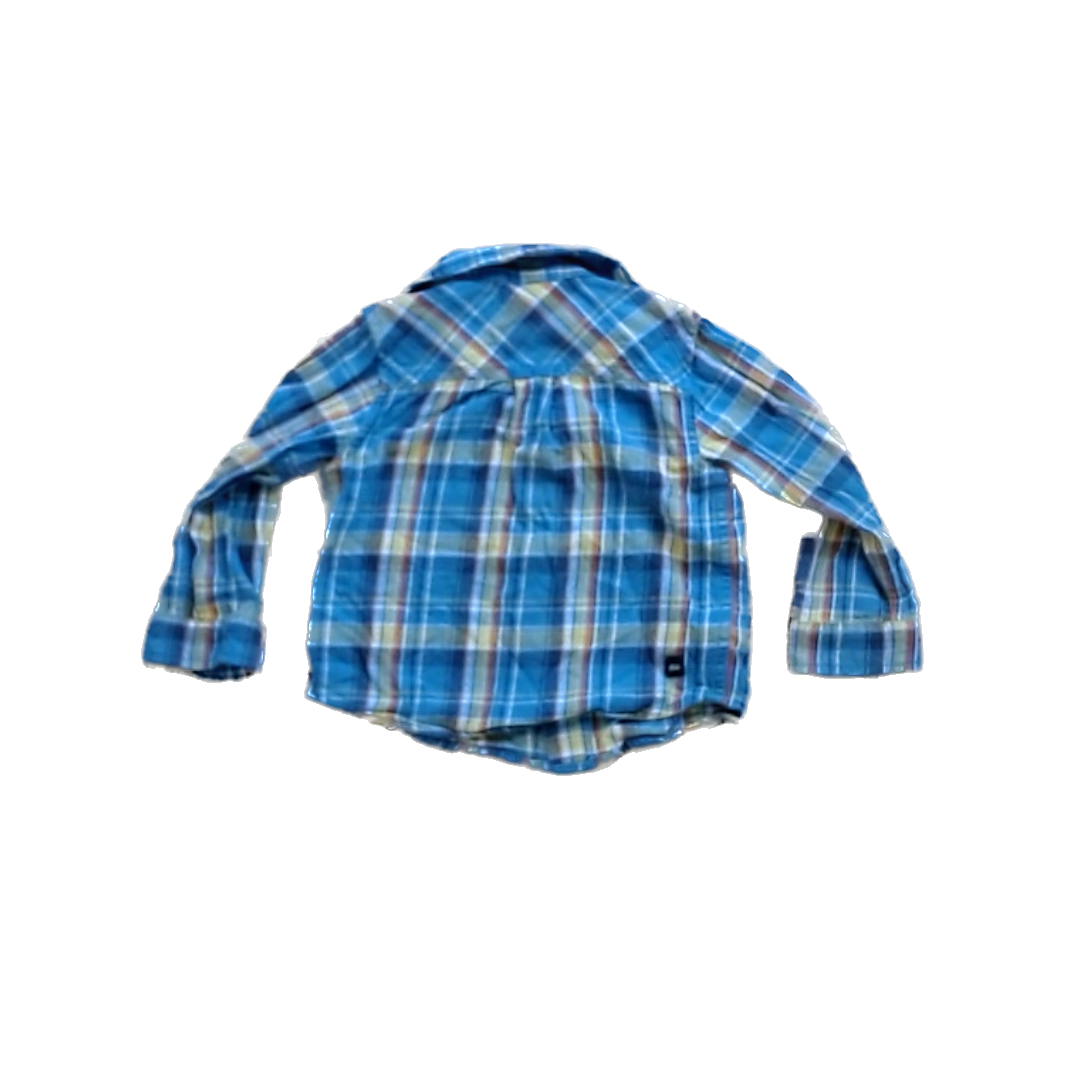 Tea Collection Boys Blue Yellow and Orange Flannel Button Down Long Sleeve Size: 2T Blue Yellow and Orange Flannel