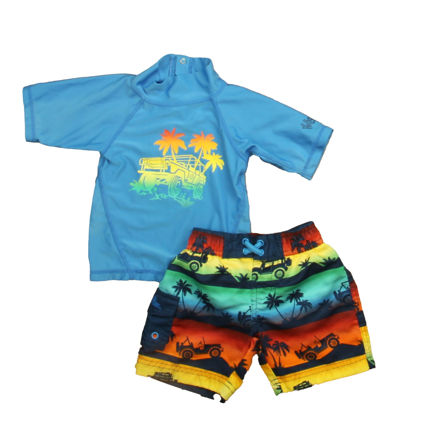 UV Skinz Boys Blue | Yellow Palm Trees 2-piece Swimsuit Size: 12-18 Months Blue | Yellow Palm Trees