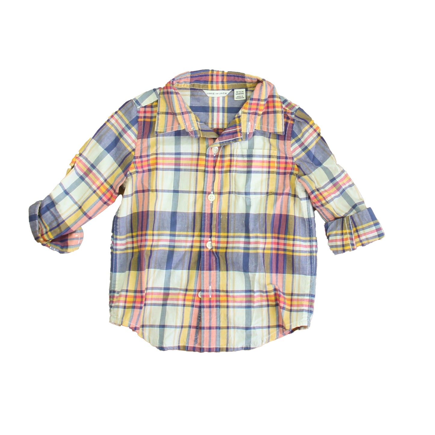 Janie and Jack Boys Blue | Yellow Plaid Button Down Long Sleeve Size: 18-24 Months Blue | Yellow Plaid