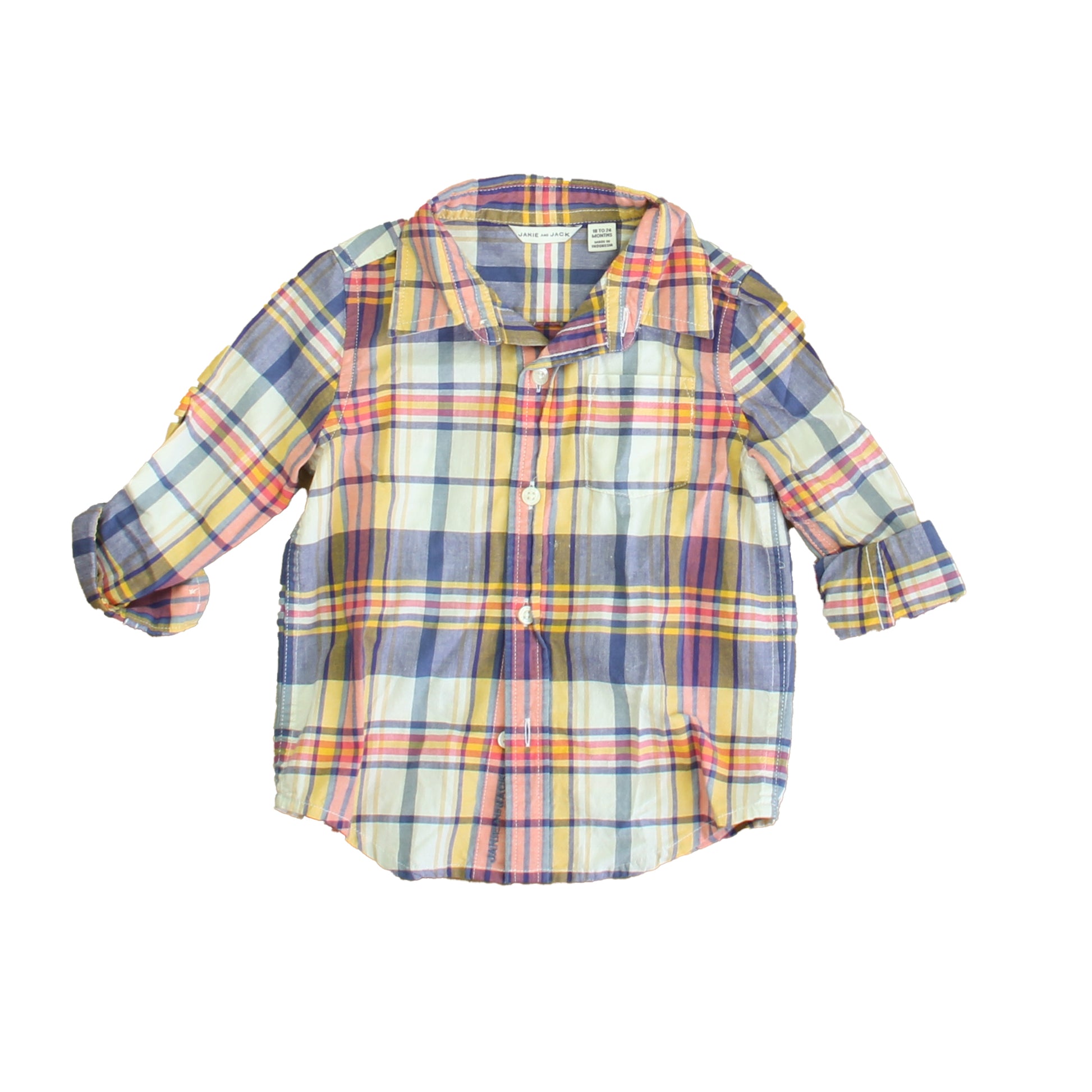 Janie and Jack Boys Blue | Yellow Plaid Button Down Long Sleeve Size: 18-24 Months Blue | Yellow Plaid