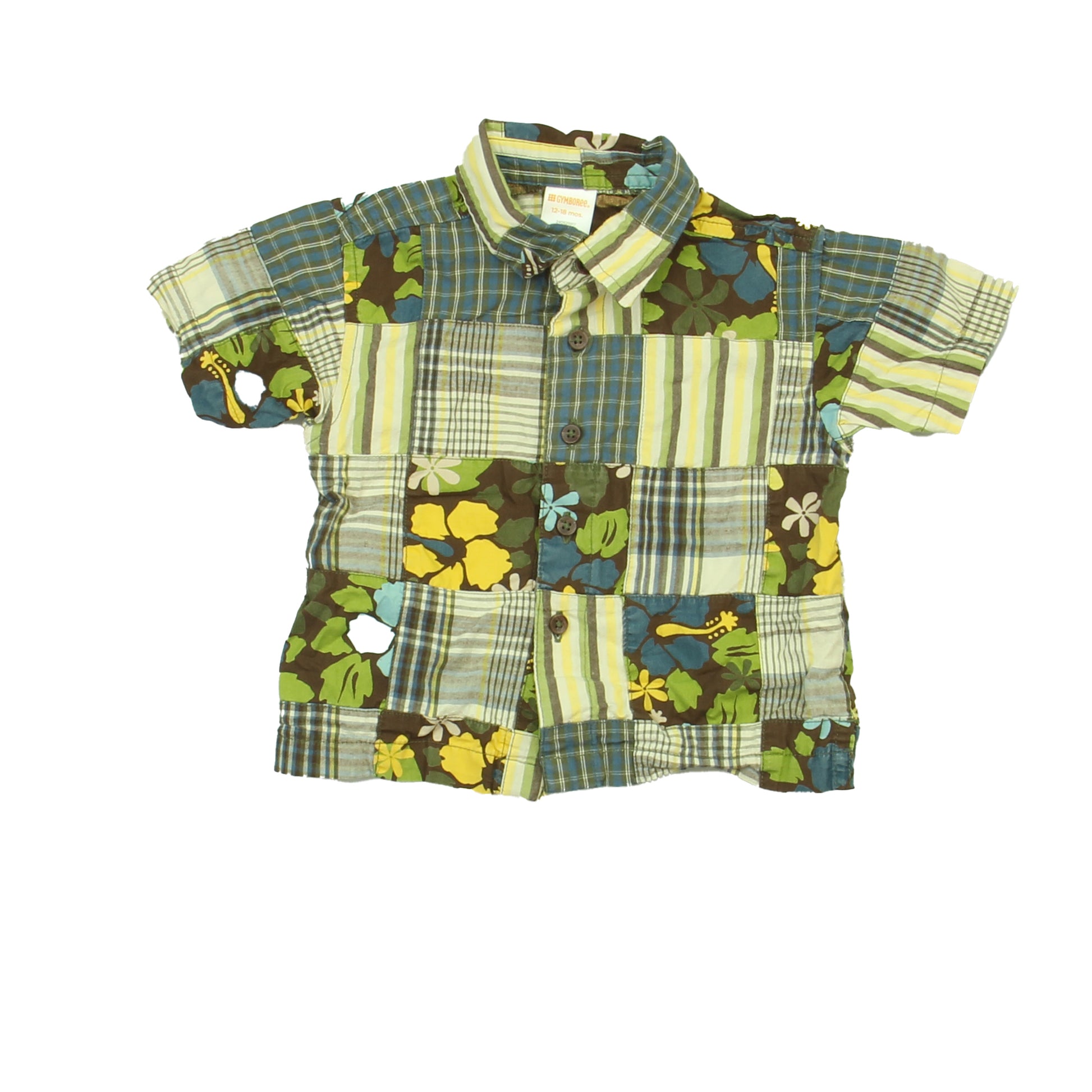 Gymboree Boys Brown | Blue | Yellow Button Down Short Sleeve Size: 12-18 Months Brown | Blue | Yellow