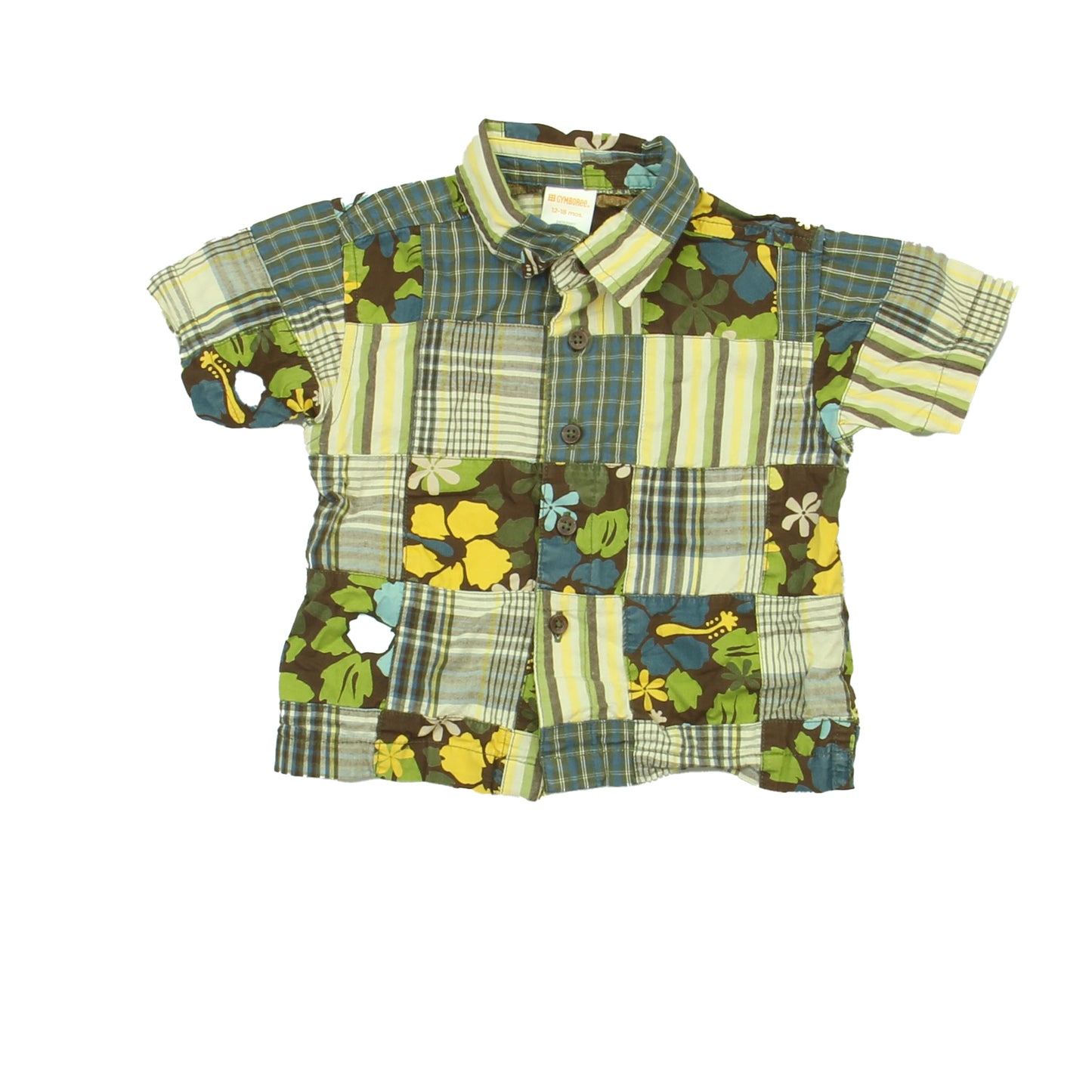 Gymboree Boys Brown | Blue | Yellow Button Down Short Sleeve Size: 12-18 Months Brown | Blue | Yellow