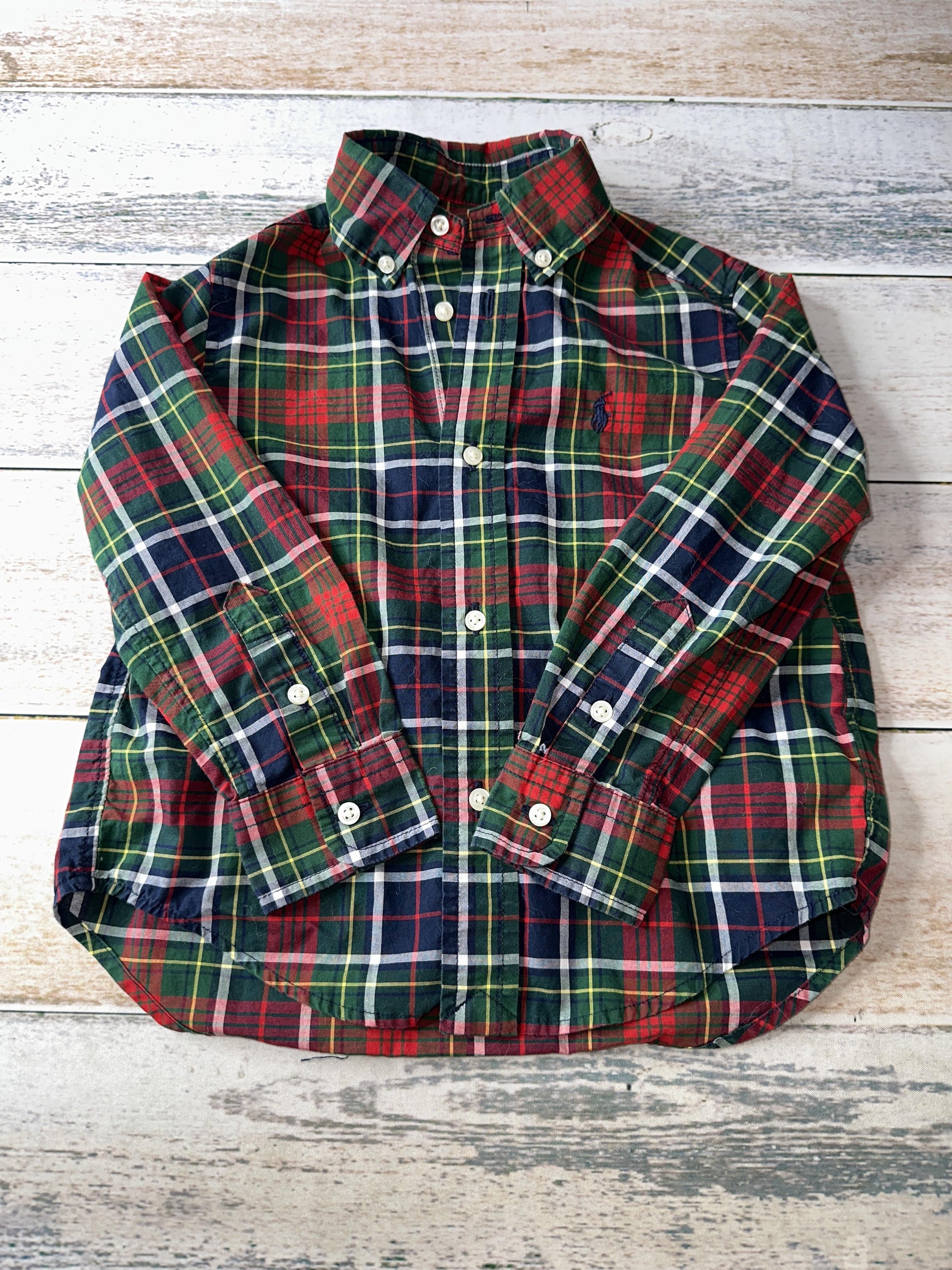 Ralph Lauren Boys Burgundy | Forest Green | plaid Button Down Short Sleeve Size: 3T Burgundy | Forest Green | plaid