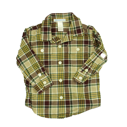 Janie and Jack Boys Burgundy | Green | Yellow Plaid Button Down Long Sleeve Size: 12-18 Months Burgundy | Green | Yellow Plaid