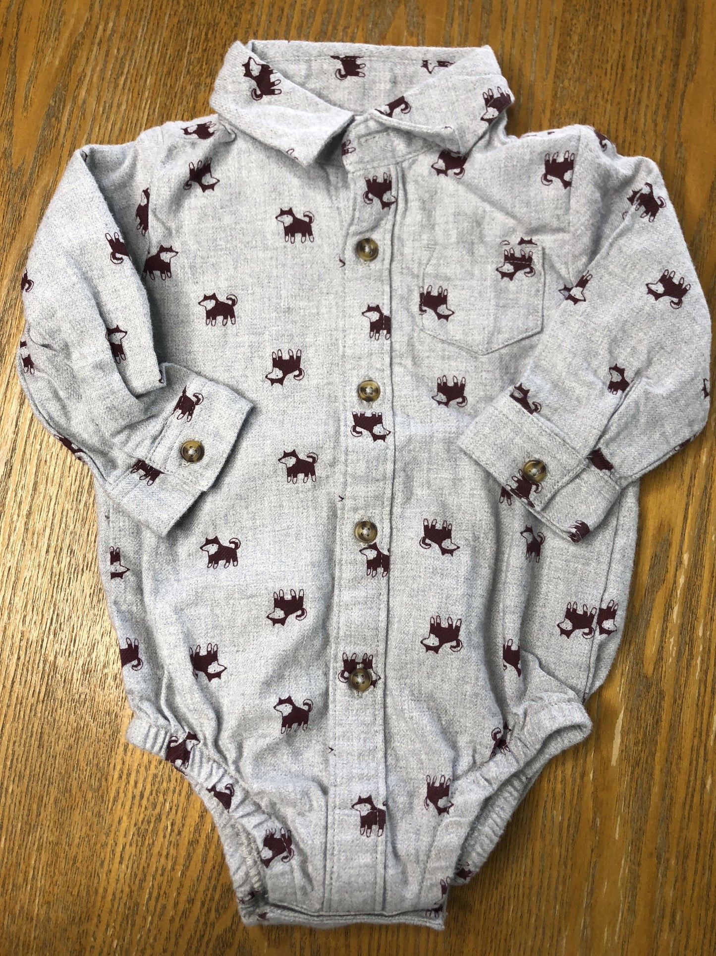 Carters Boys Burgundy | Grey Button Down Short Sleeve Size: 6-9 months Burgundy | Grey