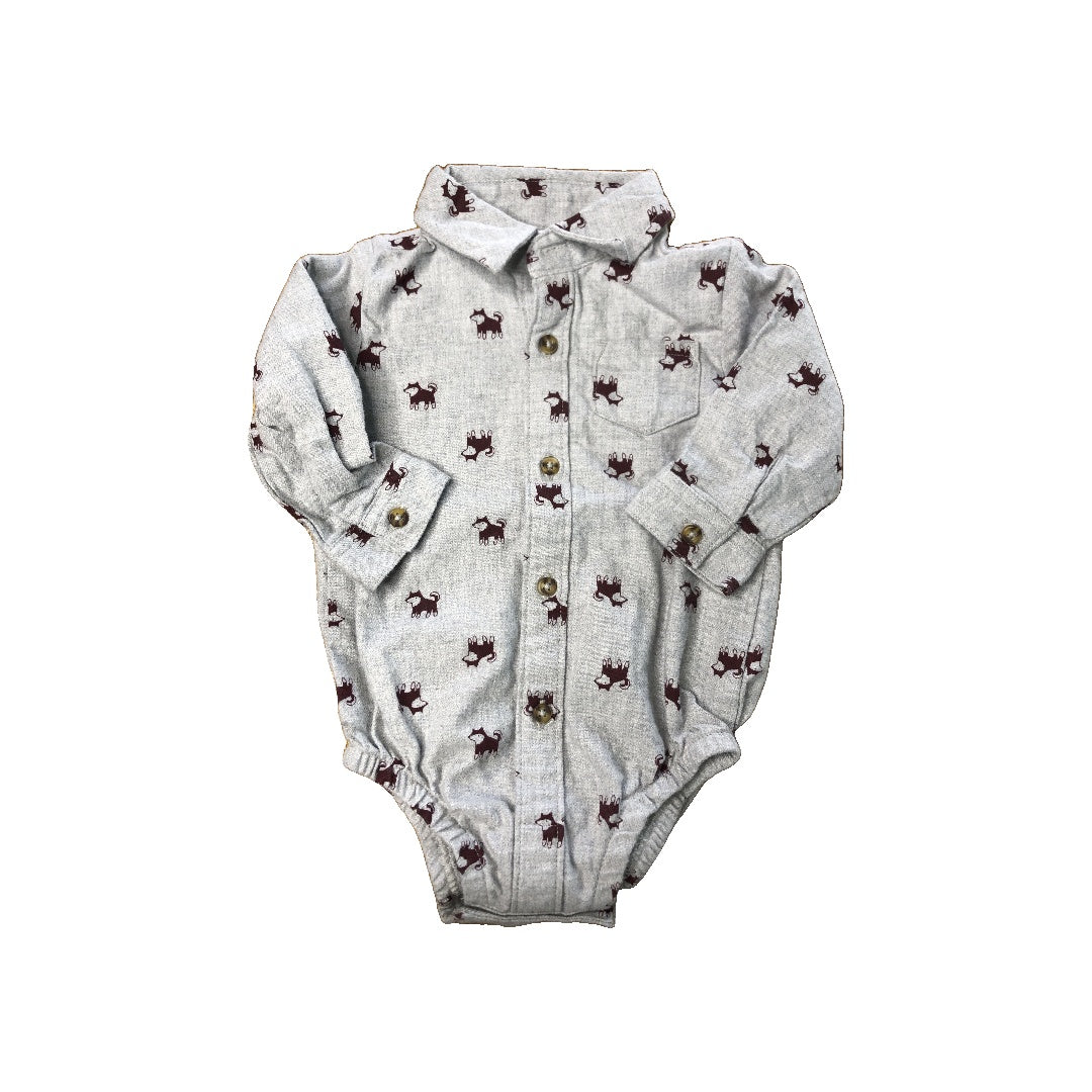 Carters Boys Burgundy | Grey Button Down Short Sleeve Size: 6-9 months Burgundy | Grey