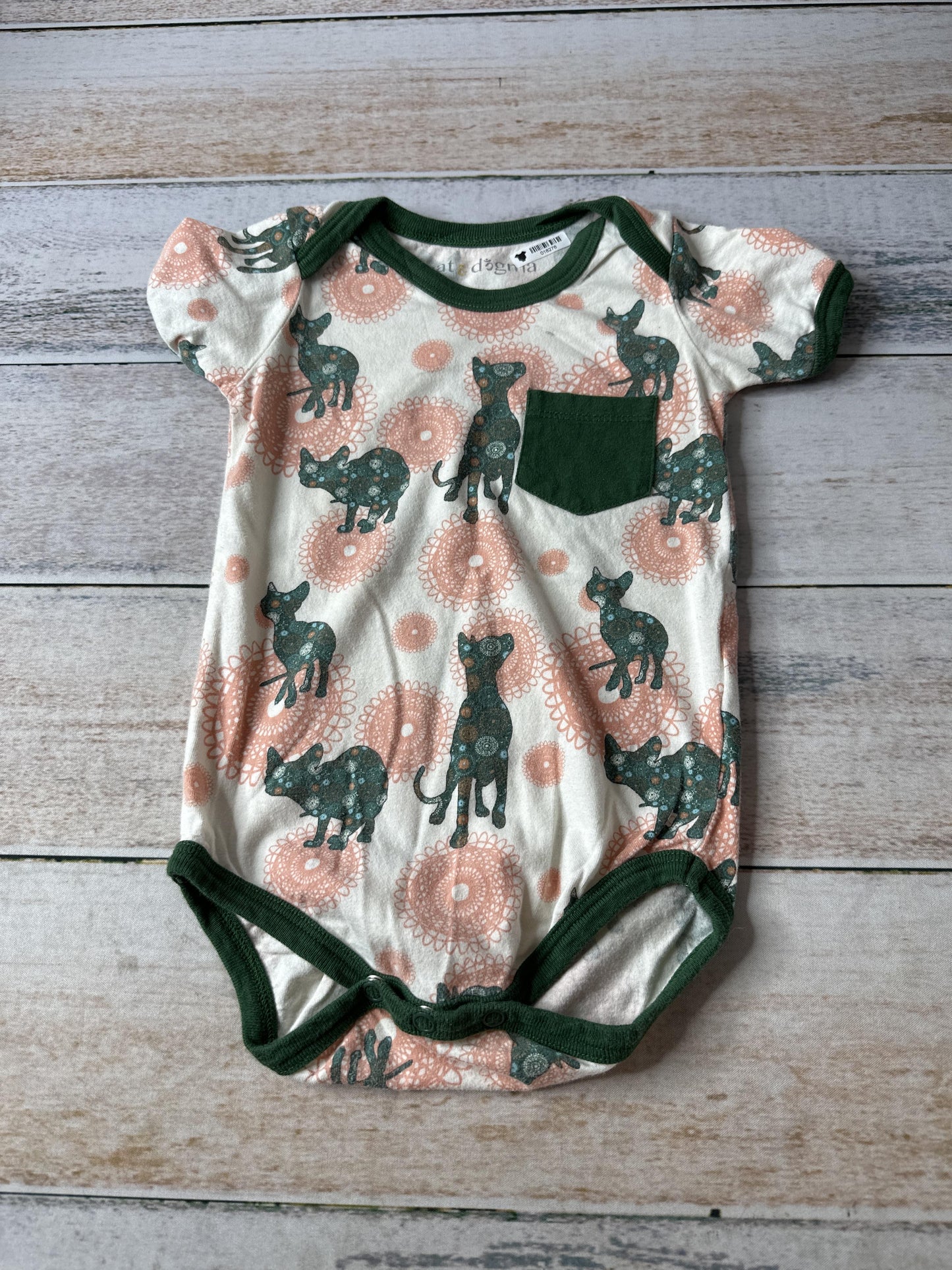 Cat & Dogma Girls Cat | Whimsical | pink | green Onesie Size: 12-18 months Cat | Whimsical | pink | green