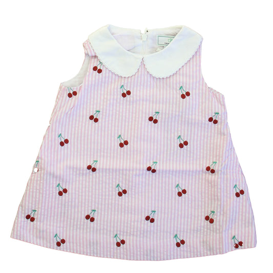 Classic Prep Girls Cherries on Pink Stripe Dress Size: 9-12 Months Cherries on Pink Stripe