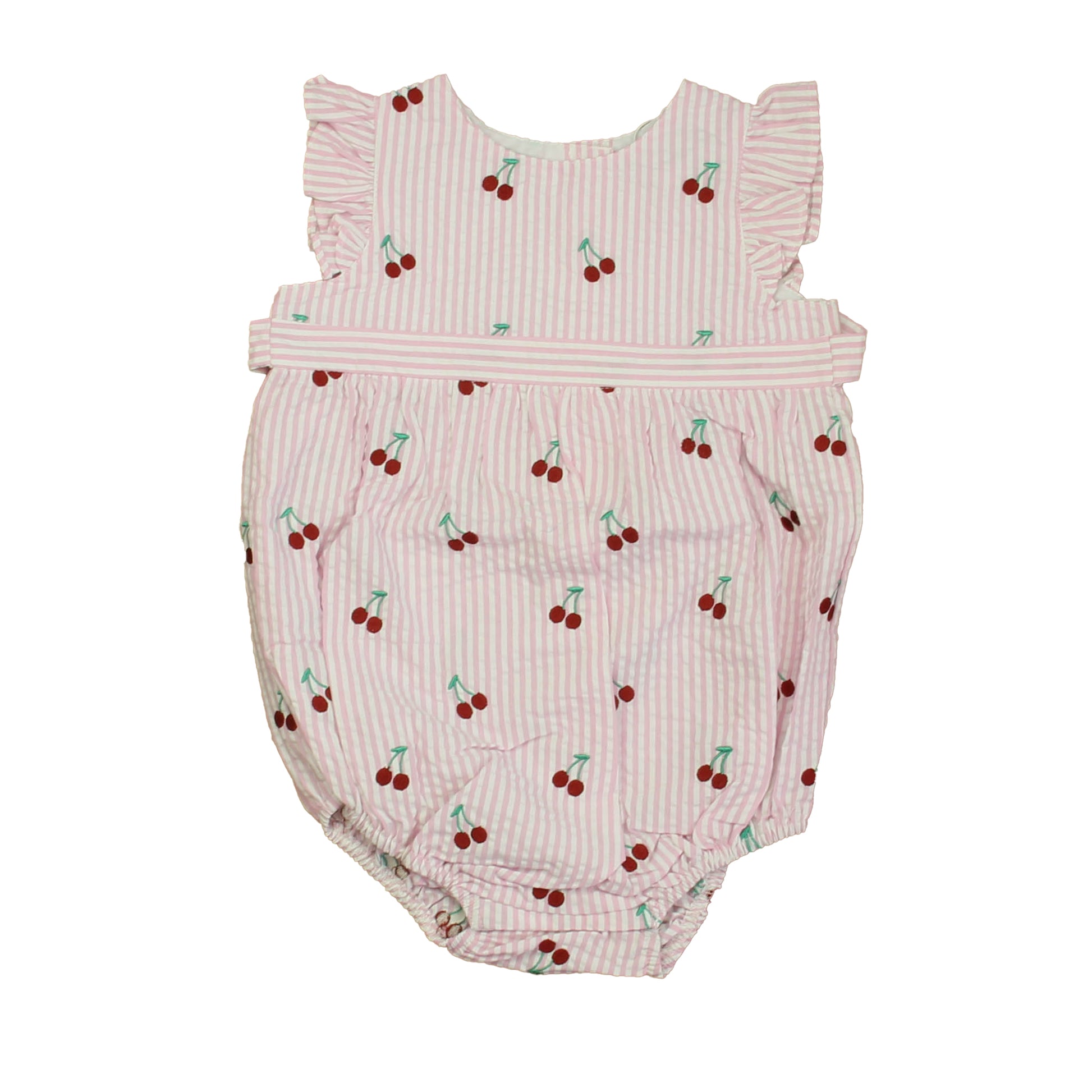 Classic Prep Girls Cherries on Pink Stripe Romper Size: 12-24 Months Cherries on Pink Stripe