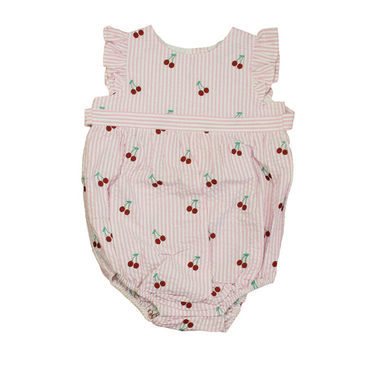 Classic Prep Girls Cherries on Pink Stripe Romper Size: 12-24 Months Cherries on Pink Stripe