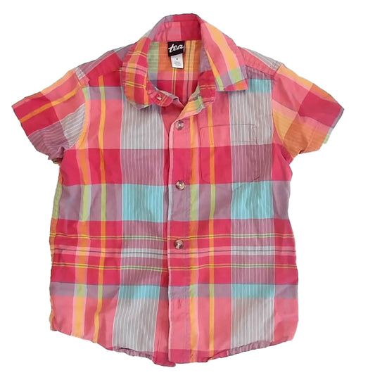 Tea Collection Boys Coral | Blue Plaid Button Down Short Sleeve Size: 4T Coral | Blue Plaid