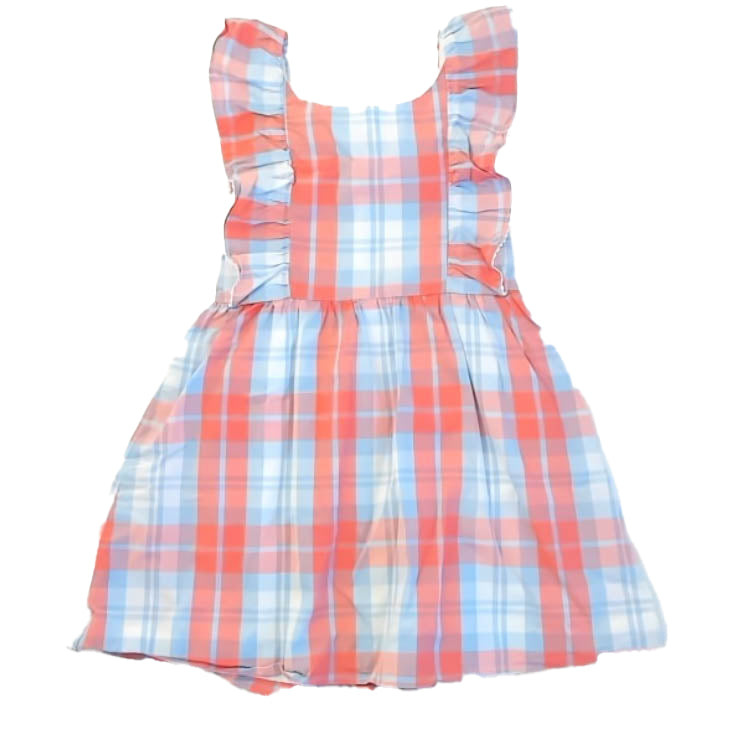 Clasic Prep Girls Coral | Blue Plaid Dress Size: 6 Years Coral | Blue Plaid