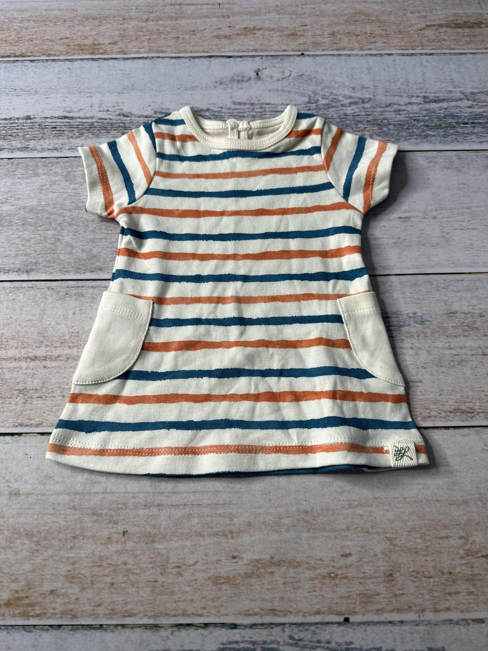 Little Lentil Girls cream | Blue | orange | Striped Dress Size: 0-3 months cream | Blue | orange | Striped