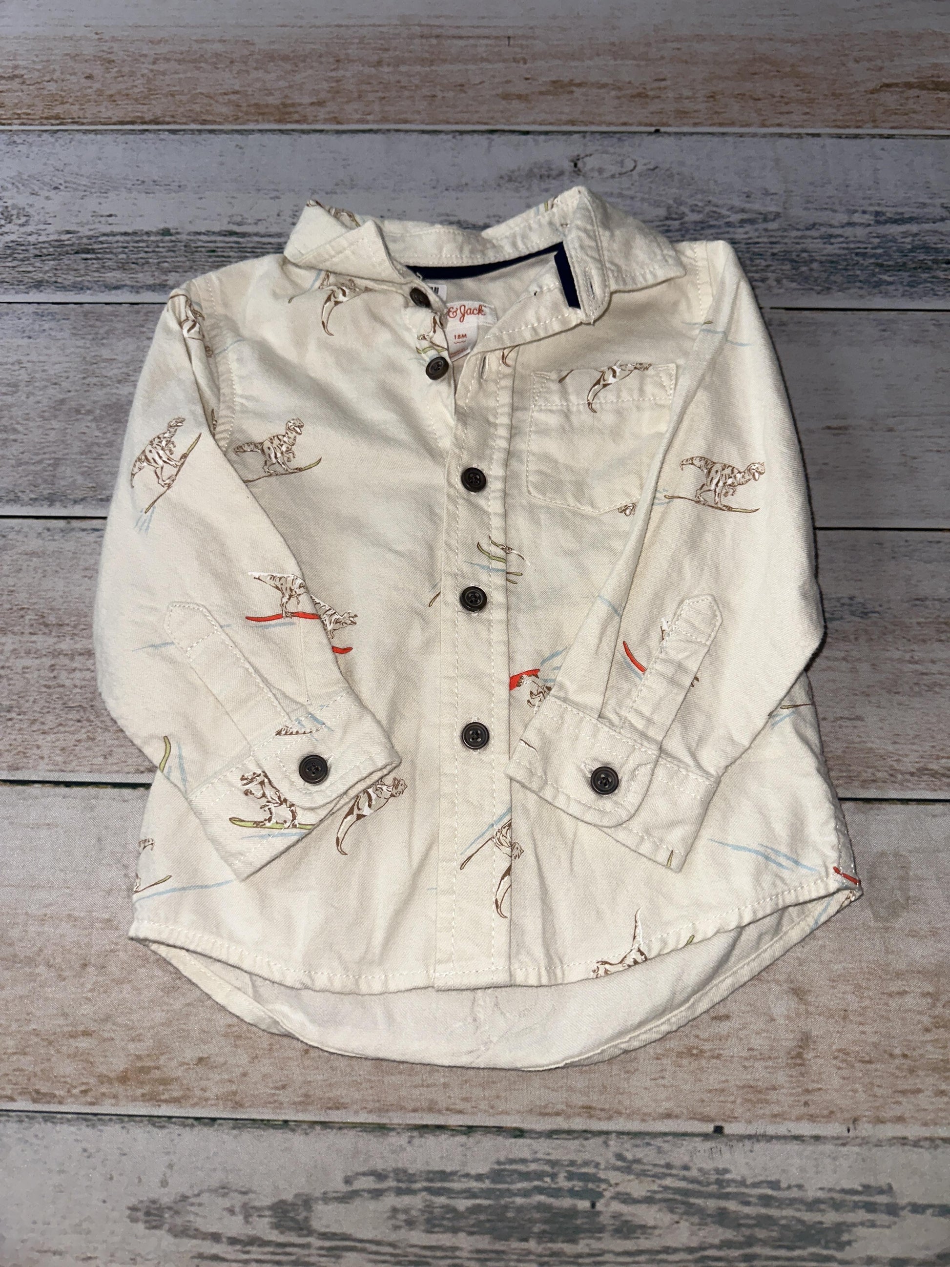 Cat & Jack Boys cream | Dinosaur Button Down Short Sleeve Size: 18 months cream | Dinosaur