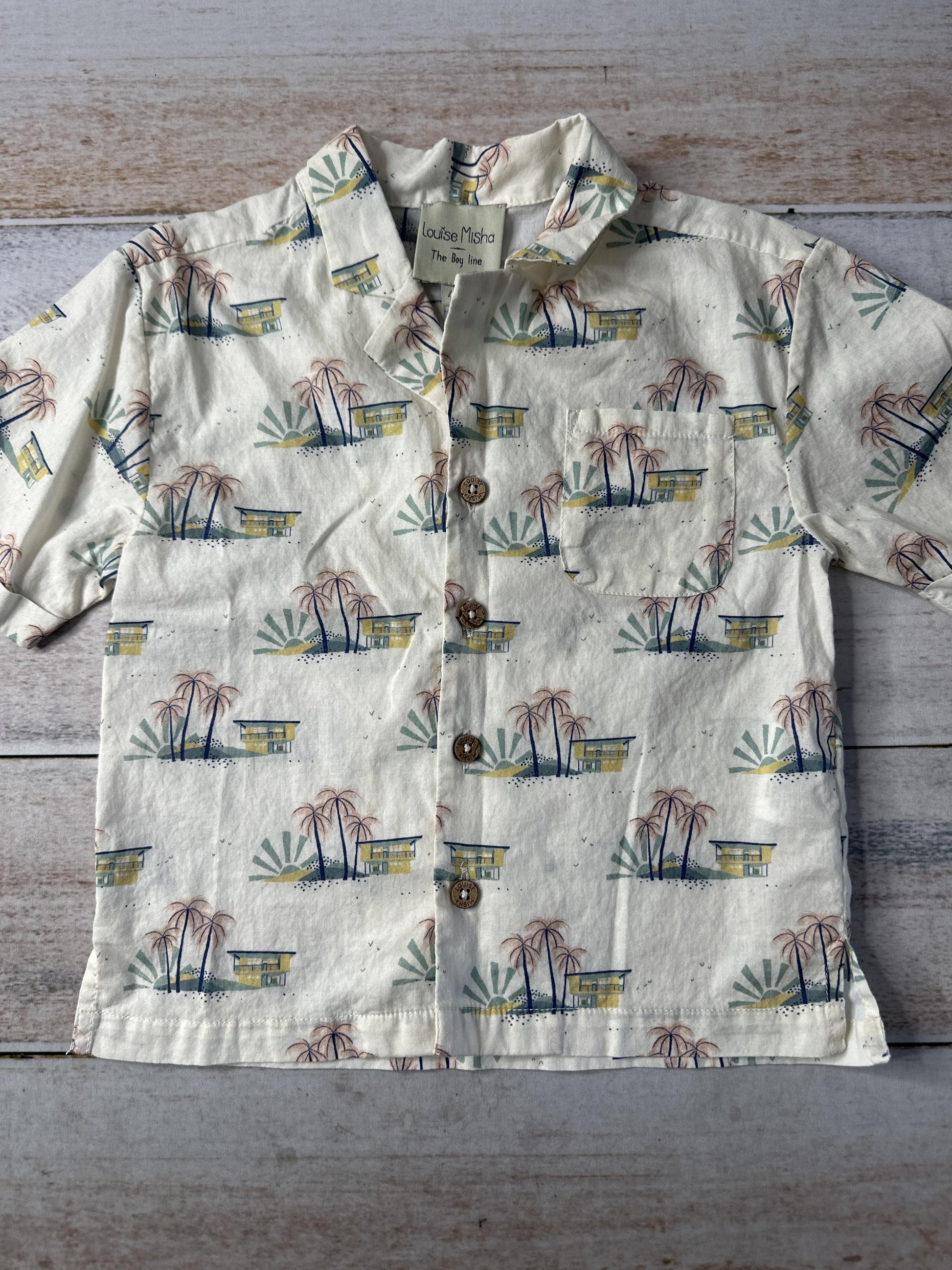 Louise Misha Boys cream | Forest Green | Light Blue | pink Button Down Short Sleeve Size: 4T cream | Forest Green | Light Blue | pink