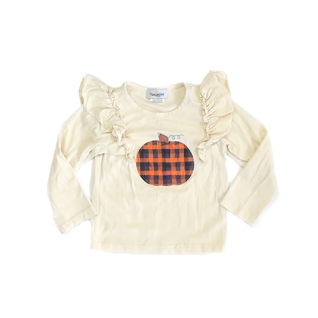Hunny Bee Girls Cream | Plaid Pumpkin Long Sleeve Shirt Size: 6 Years | L Cream | Plaid Pumpkin