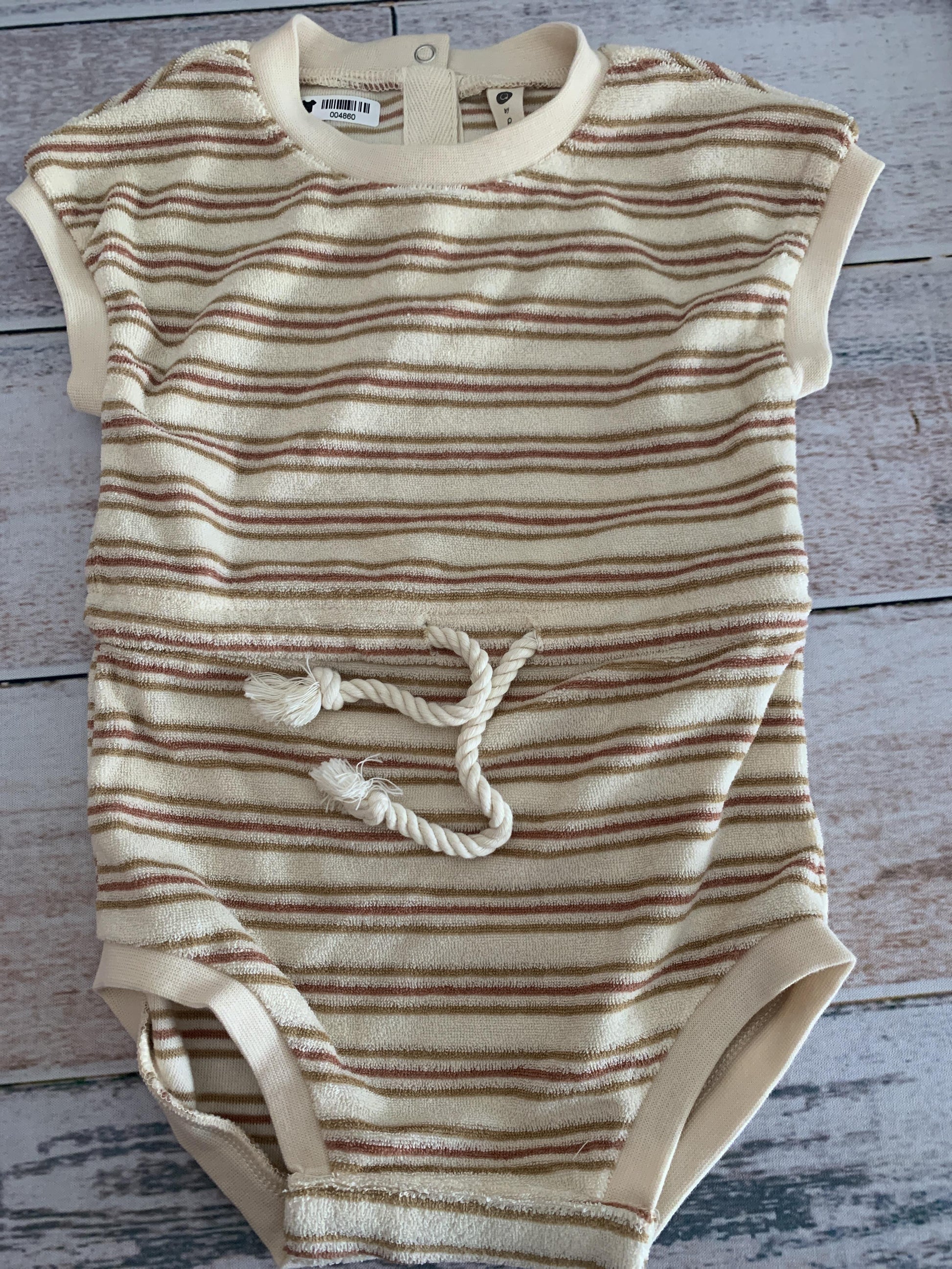 Q by Quincy Mae Unisex cream | Red | Mustard | Retro | Stripe Romper Size: 6-12 months cream | Red | Mustard | Retro | Stripe