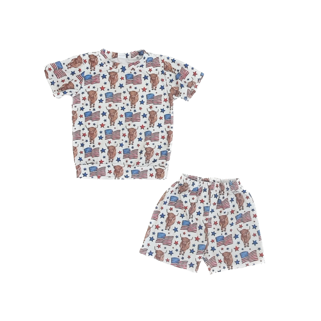Unknown Brand Boys Flag | Highland Cow 2-piece Pajamas Size: 5T Flag | Highland Cow