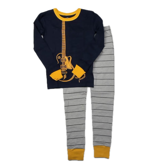 Mightly Boys Gray | Navy Guitar 2-piece Pajamas Size: 2T-5T Gray | Navy Guitar