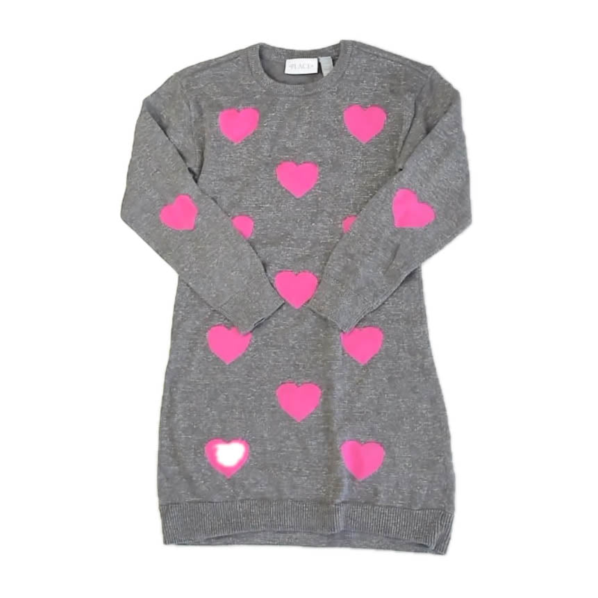 The Children's Place Girls Gray | Pink Hearts Sweater Dress Size: 7-8 Years Gray | Pink Hearts