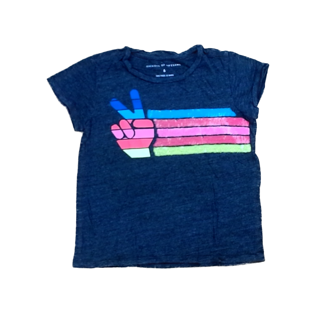 Rockets Of Awesome Girls Gray | Rainbow Peace Hand | Sequin Stripes Short Sleeve Shirt Size: 6 Years Gray | Rainbow Peace Hand | Sequin Stripes