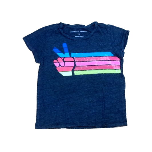 Rockets Of Awesome Girls Gray | Rainbow Peace Hand | Sequin Stripes Short Sleeve Shirt Size: 6 Years Gray | Rainbow Peace Hand | Sequin Stripes