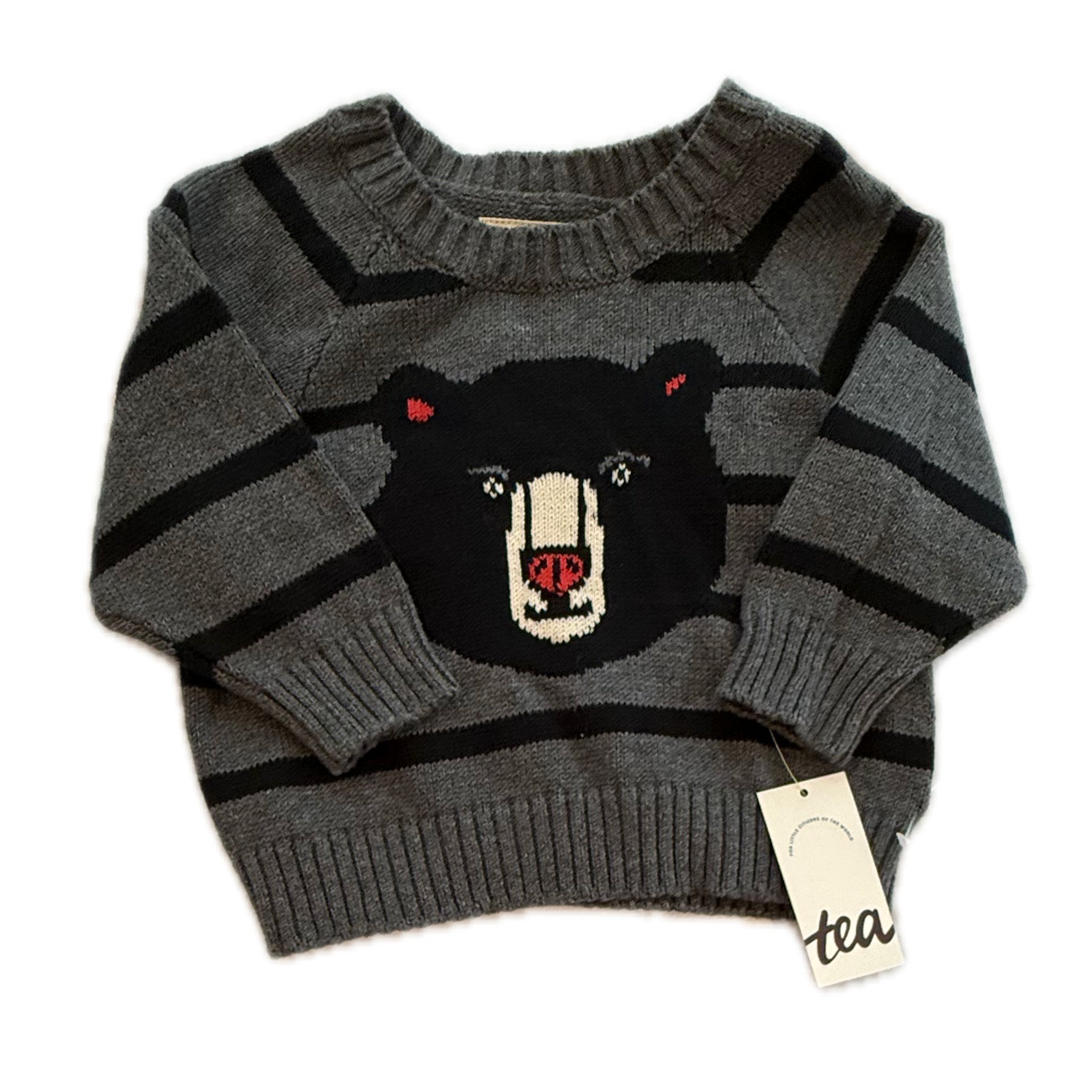 Tea Collection Boys Gray Stripe Bear Sweater Size: 6-9 Months Gray Stripe Bear