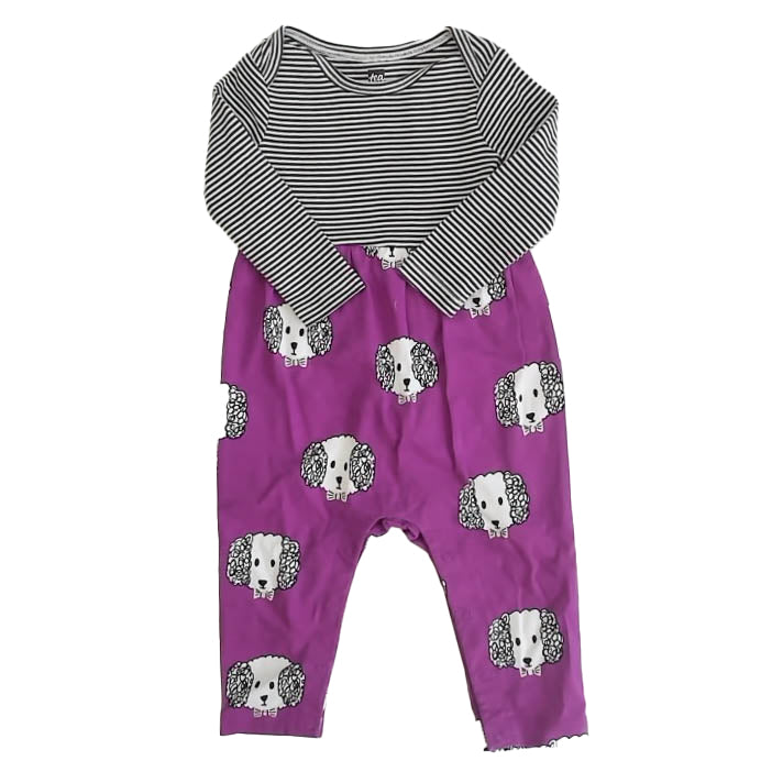 Tea Collection Girls Gray Stripe | Purple Dogs Long Sleeve Outfit Size: 6-9 Months Gray Stripe | Purple Dogs