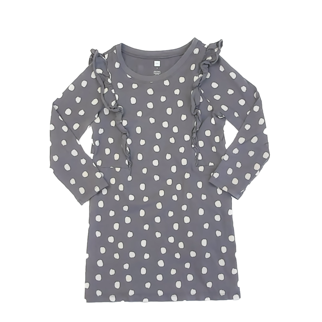 Tea Collection Girls Gray White Dots | Long Sleeve Dress Size: 7 Years Gray White Dots | Long Sleeve