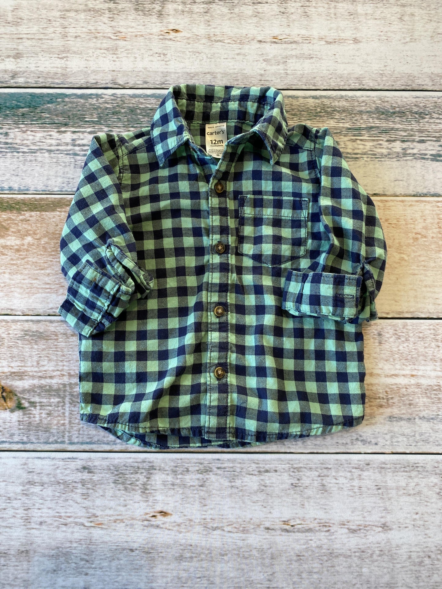 Carters Boys green | Blue | Check Long Sleeve Shirt Size: 12 months green | Blue | Check