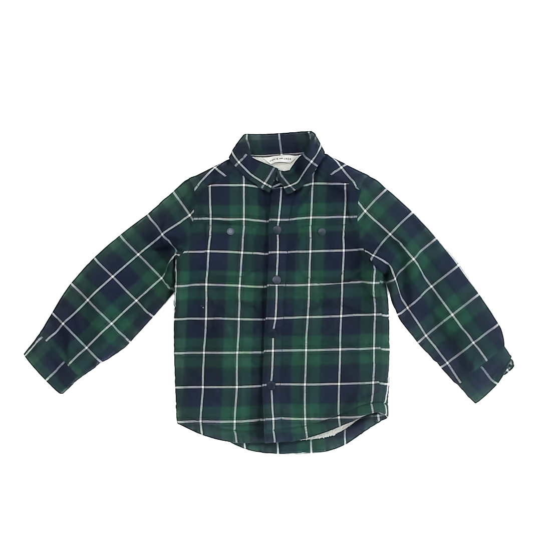Janie and Jack Boys Green | Blue Plaid Button Down Long Sleeve Size: 3-4T Green | Blue Plaid