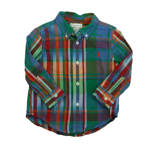 Ralph Lauren Boys Green | Blue | Red Stripe Button Down Long Sleeve Size: 12 Months Green | Blue | Red Stripe