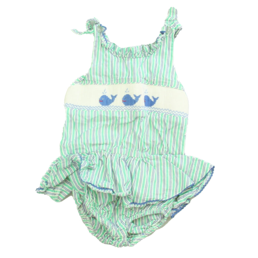 Silly Goose Girls Green | Blue | Whale | Smoked Romper Size: 2T Green | Blue | Whale | Smoked